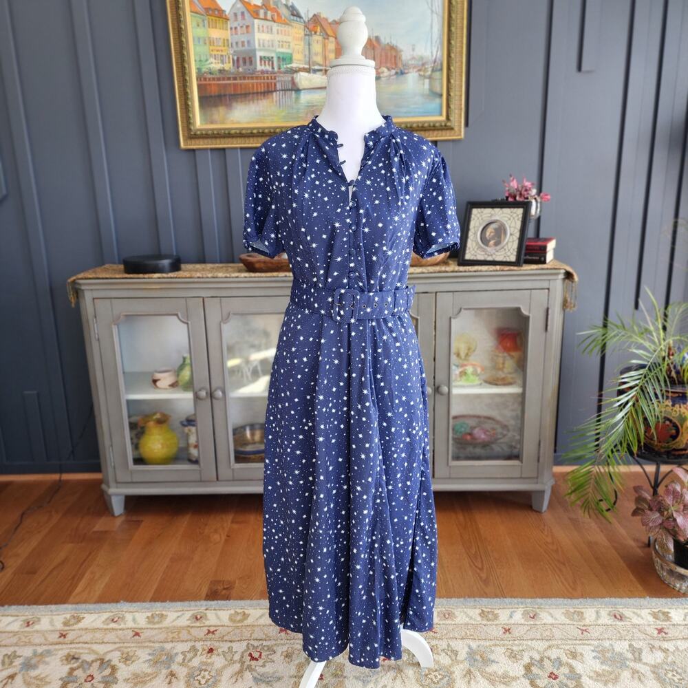 eShakti Puff Sleeve Star Print Maxi Dress Navy 1940s Style Fit & Flare - Medium